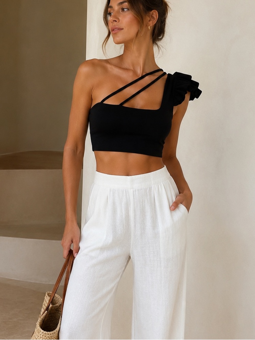 Port de Bras One-Shoulder Black Ruffle Sports Bra Crop Top Luxe Activewear XS